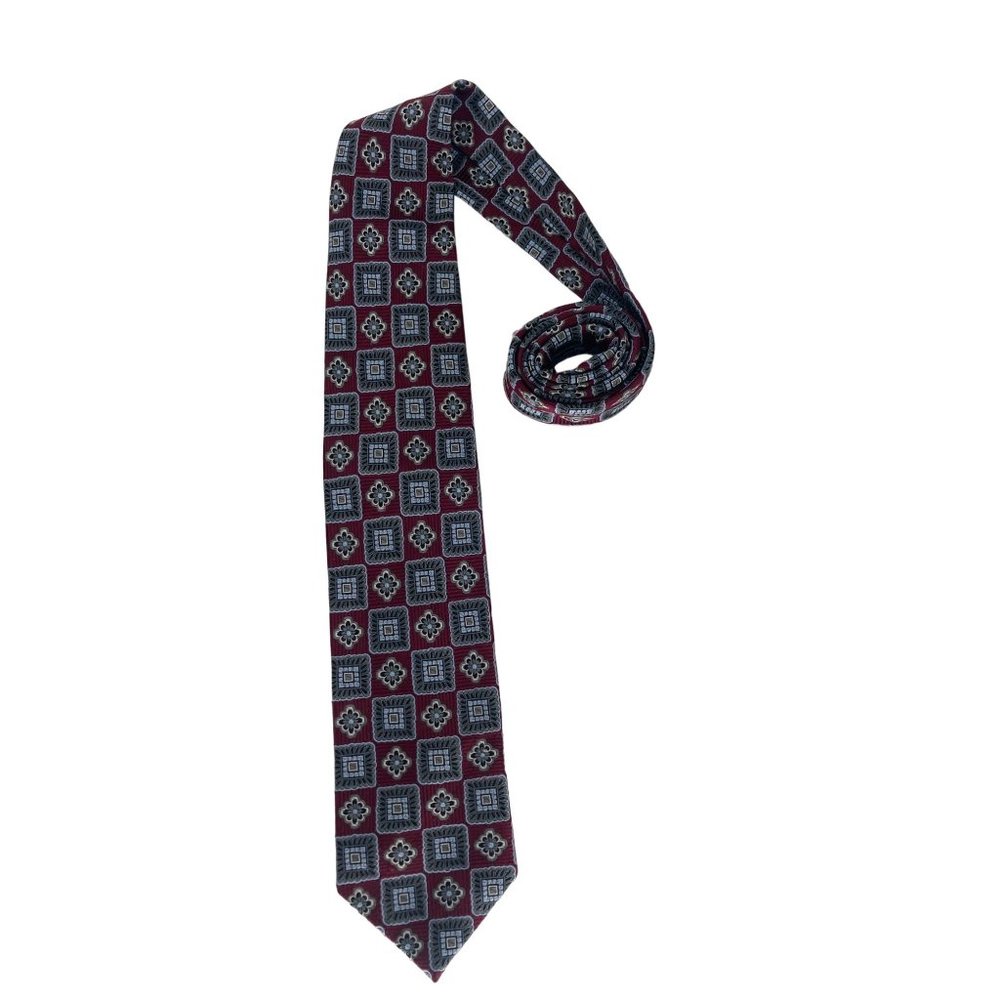 JZ Richards Red and Gold Geometric Print 100% Silk Hand Stitched Tie